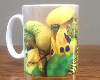 Green Budgie Mug, Art Deco Style,Valentine Gift, Green and Yellow Parakeets, De Lempicka Style Bird Mug Parakeet Gift By Budgerigardener