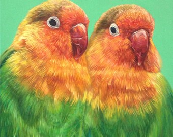 Carte de vœux Lovebird, Carte de Saint-Valentin, Carte perroquet, Liebesvogel, Art d’oiseau coloré, peinture à l’huile