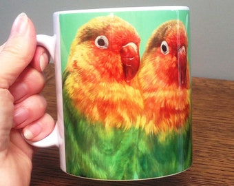 Lovebird Mug, Valentine Gift, Cute Birds Pair, Pair of Lovebirds, Realistic Art by Budgerigardener - Orange, Green -  Liebesvogel - Parkiet