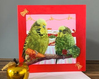 Budgie Christmas Card, Parakeet Christmas Cards, Cute Christmas Cards, Green budgerigar