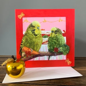 Tarjeta de Navidad con periquitos, tarjetas de Navidad con periquitos, lindas tarjetas de Navidad, periquito verde