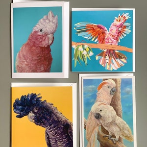 Cartão de felicitações de cacatua, pacote de quatro cartas, Galah, crista de enxofre, molucano, cacatua principal Mitchell, saudações de pássaro de cacatua preta de cauda vermelha