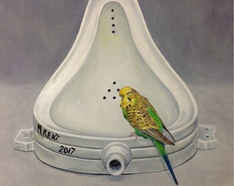 Budgie Giclee Print, Marcel Duchamp Modern Art Pastiche, Budgie Oil Painting 'Bird Bath' based on Duchamp's Urinal
