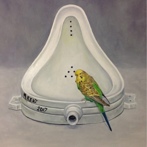 Budgie Giclee Print, Marcel Duchamp Modern Art Pastiche, Budgie Oil Painting &#39;Bird Bath&#39; based on Duchamp&#39;s Urinal