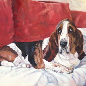 Tarjeta Basset Hound - Arte del perro- Arte Basset Hound - Arte realista del perro - Pintura al óleo original por Budgerigardener