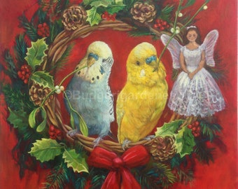 Budgie Christmas Card,  Budgie Parakeet Christmas Angel Cards, Holly and Mistletoe, Bird Art by Budgerigardener, Wellensittich Parkiet