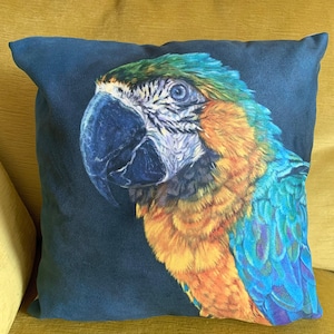Blue and Gold Macaw Cushion Cover - Parrot Pillow Cover - Deep Blue and Gold - Double Sided -Luxurious Vegan Suede - Bird Art Decor