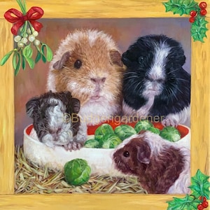 Meerschweinchen Weihnachtskarten, süße Weihnachtskarte, Meerschweinchen Kunst, vom realistischen Ölgemälde, 4, 6 oder 10 Stück. Innen leer.