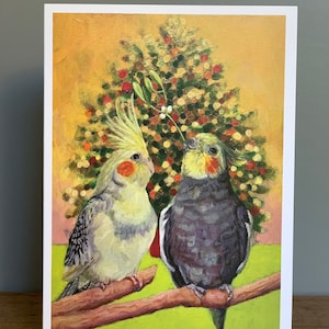 Cockatiel Christmas Card, Christmas Tree, Bird Christmas Card, Mistletoe Kiss, Blank Inside, Pet Bird, Nymphensittich, Valkparkiet image 1