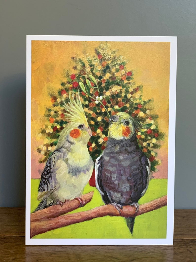 Cockatiel Christmas Card, Christmas Tree, Bird Christmas Card, Mistletoe Kiss, Blank Inside, Pet Bird, Nymphensittich, Valkparkiet image 1