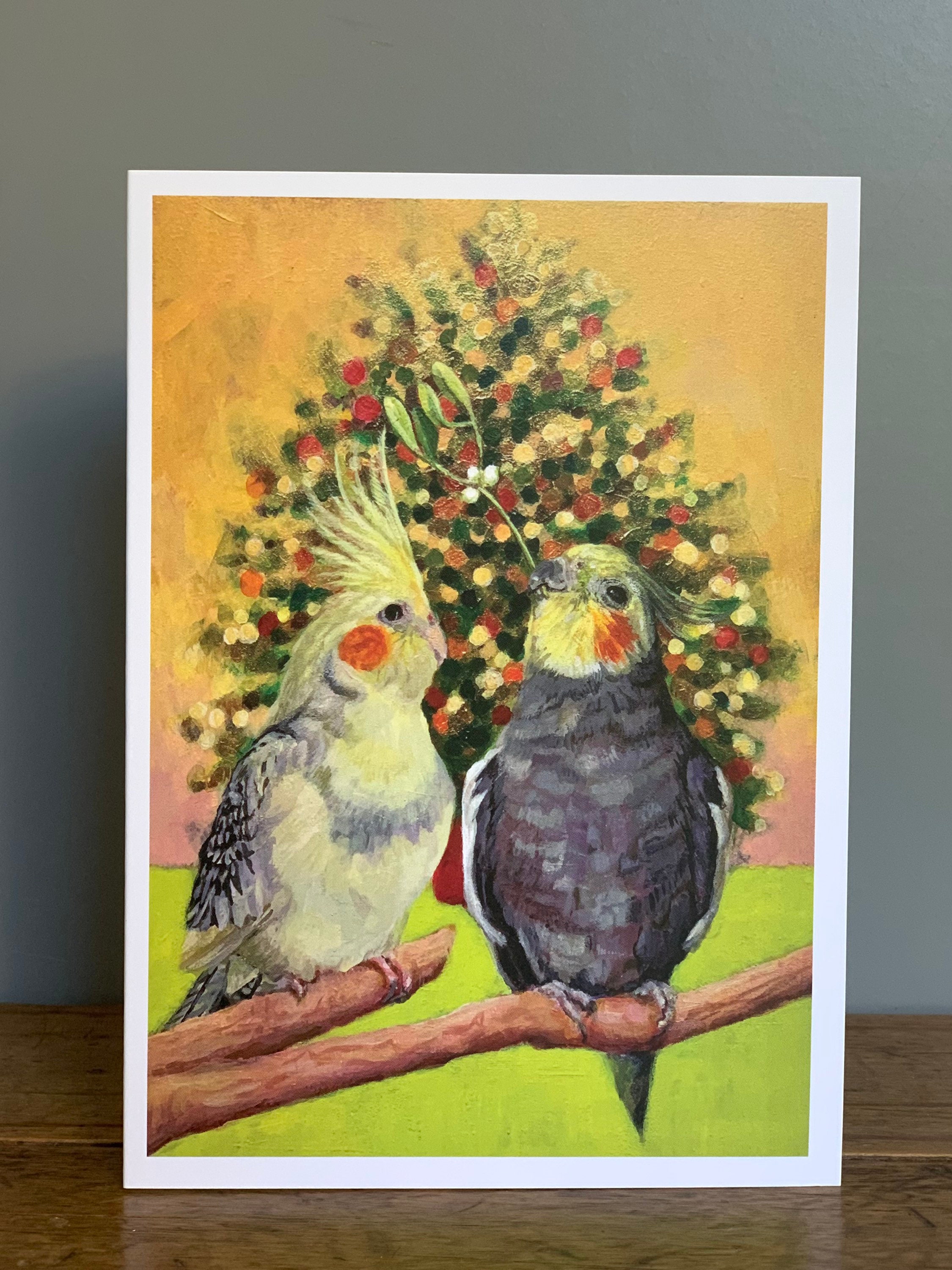 Cockatiel Christmas Card: Mistletoe Kiss, Pet Bird Greeting, Blank Inside