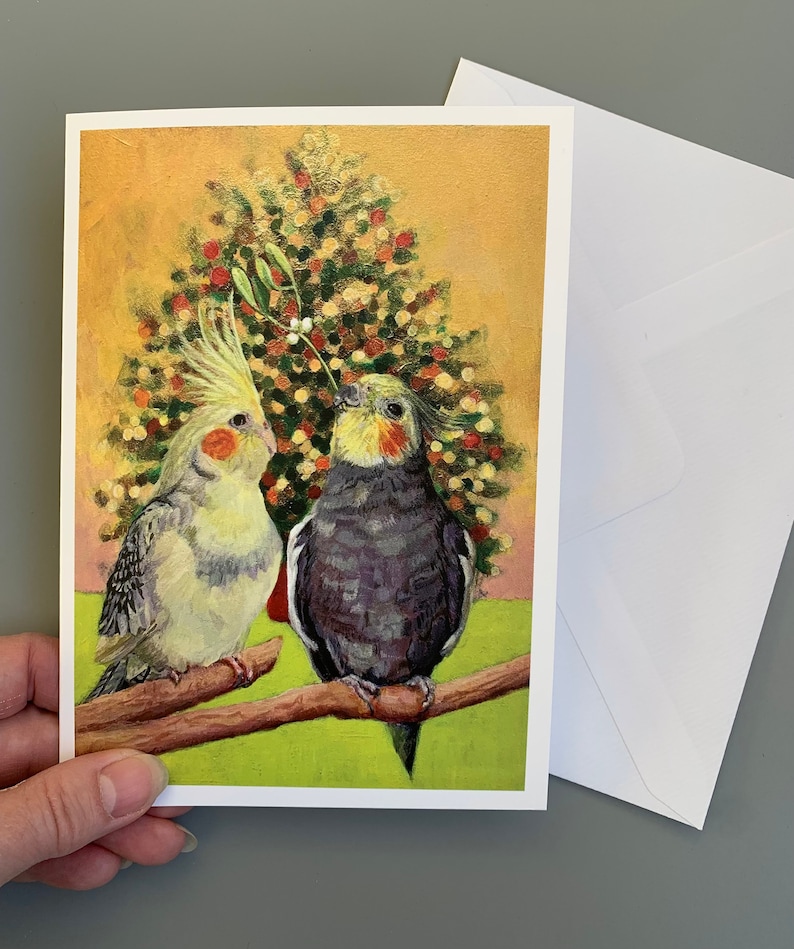 Cockatiel Christmas Card, Christmas Tree, Bird Christmas Card, Mistletoe Kiss, Blank Inside, Pet Bird, Nymphensittich, Valkparkiet image 2