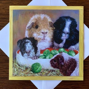 Carte de voeux de cochon d'Inde, art de cobaye, art réaliste pour animaux de compagnie, intérieur vierge, peinture à l'huile réaliste « petites pousses ».
