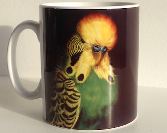Budgie Mug, Green Budgerigar Mug, Glossy Ceramic Mug, Parakeet Art Gift from Original Oil Painting by Budgerigardener - Old Master Style