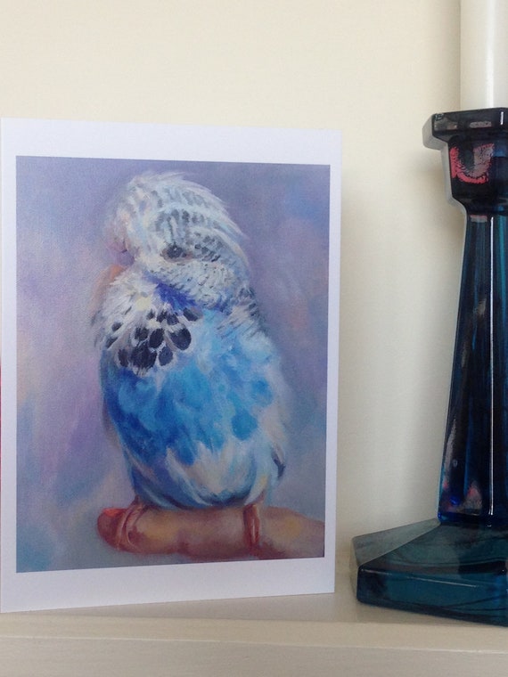 Budgie blank greeting card of fine art oil painting baby budgerigar on finger