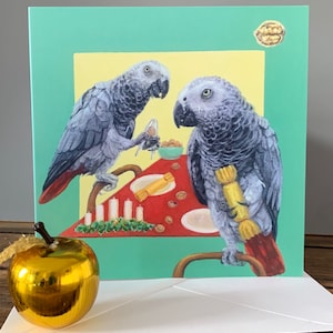Afrikaanse grijze kerstkaart, papegaaienkerstkaart, humoristisch en eigenzinnig, kerstcrackers en noten, blanco binnenin