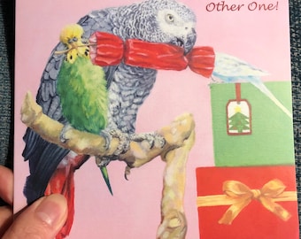 Parrot Budgie Christmas Card - Parakeets and African Grey Parrot With Christmas Cracker - Humorous Cards - for Bird Lovers!
