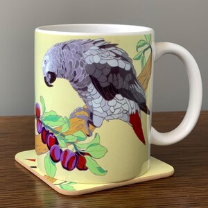 Mug perroquet gris d&#39;Afrique : tasse à café artistique, sous-verre assorti en option