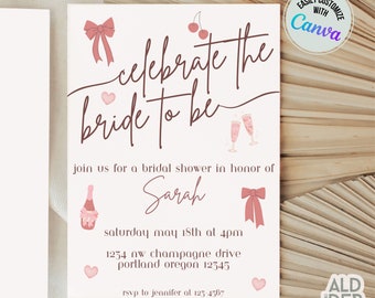 Bridal Party Invitation Template, Custom Bridal Shower Invitation, Coquette Bridal Shower, Coquette Party Invitation, Pink Bow Bridal Invite