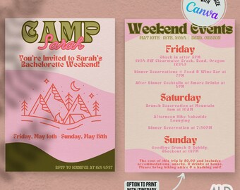 Retro Camp Bachelorette Party Invitation Template, Pink Camping Bachelorette Girls Weekend Invitation, Custom Lake Bachelorette Itinerary