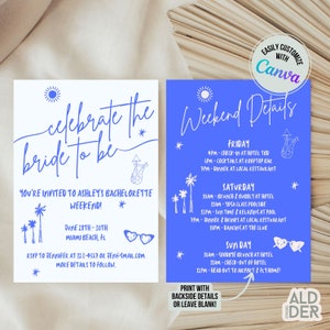 Bachelorette Party Invitation Template, Custom Bachelorette Invitation, Personalized Bachelorette Itinerary, Blue Miami Bachelorette Invite