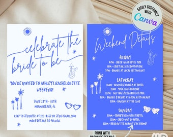 Bachelorette Party Invitation Template, Custom Bachelorette Invitation, Personalized Bachelorette Itinerary, Blue Miami Bachelorette Invite