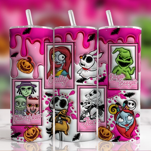 Inflated Cartoon Halloween Tumbler Design, 3D Spooky Vibes Tumbler Wrap, Pink Doll Halloween, 3D Nightmare Scary Tumbler Wrap, Pink Horror