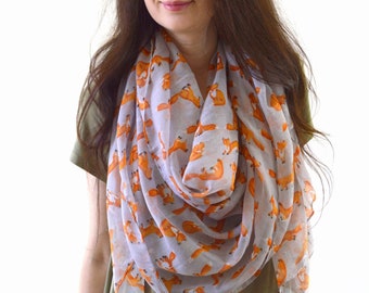 Fox Printed Scarf, Fox Scarf, Animal Scarf, Summer Scarf, Fashion Scarf, Woman Scarf, Gift