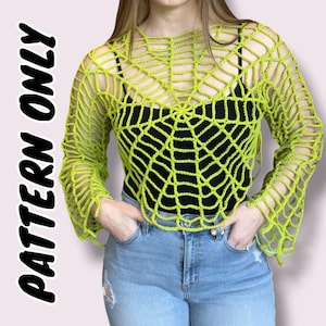 May include: A lime green long-sleeve crochet top featuring an open-work spiderweb pattern, a round neckline, and flared sleeves. The text PATTERN ONLY is printed in black on the left side of the image over the lime green garment.