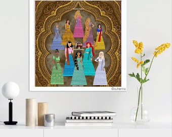 Disney princess maharani group shot print // desi art // Disney art