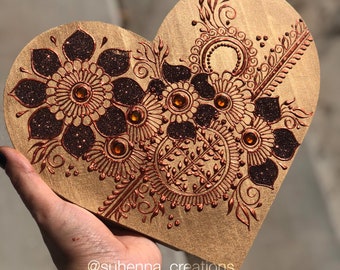 wood henna heart // hand painted // decor // custom // Mendhi // mehndi // freehand // holiday // gift // henna letter // suhenna // tiktok