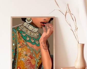 mystery maharani art print //home decor // desi brown indian india Pakistani // wall art // desi clothes // jewelry // details