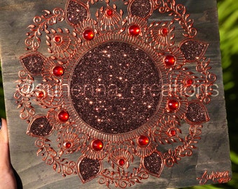 henna mandala painting on wood board / copper and red