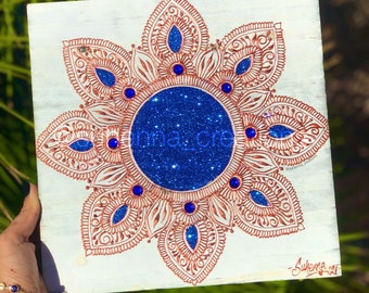 henna mandala painting on wood board / royal blue and copper