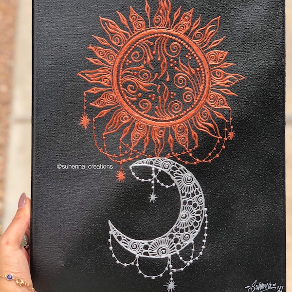 Sun and moon henna canvas- home decor, office decor, gift, custom // wall art // home decor // floral // day and night // astrology