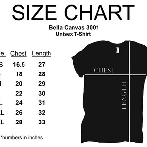 Op de afbeelding: Maattabel voor een Bella Canvas 3001 unisex t-shirt, met borst- en lengtemaat in inches voor maten XS tot 3XL.