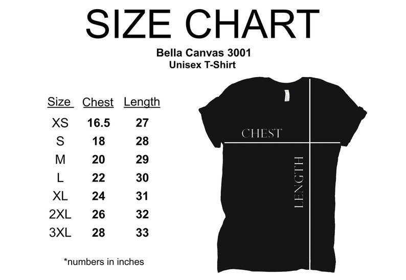 Op de afbeelding: Maattabel voor een Bella Canvas 3001 unisex t-shirt, met borst- en lengtemaat in inches voor maten XS tot 3XL.