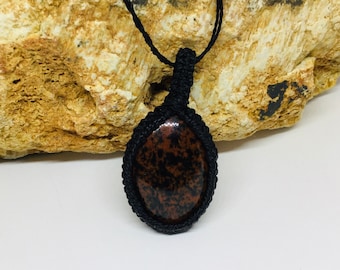 Mahogany Obsidian Pendant Necklace, Crystal Necklace, Macrame Necklace, Gift Idea For Husband
