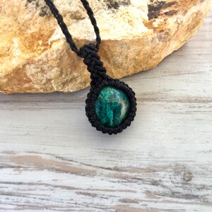 Natural Chrysocolla Pendant Necklace, Gemstone Crystal Pendant, Macrame Wrapped Necklace, Green Stone Pendant