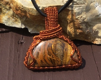 Tiger Eye Wire Wrapped Pendant, Power Healing Pendant, Wire Weaved Stone Jewelry