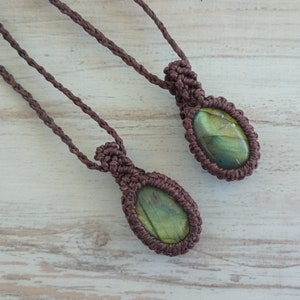 Labradorite Stone With Brown Macrame Pendant, Healing Gemstone  Macrame Necklace,