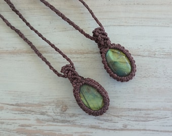 Labradorite Stone With Brown Macrame Pendant, Healing Gemstone  Macrame Necklace,