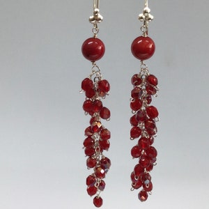 Red Coral Cluster Earrings, Sterling Silver Dangle  Earrings, Red Gemstone Jewelry