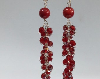 Red Coral Cluster Earrings, Sterling Silver Dangle  Earrings, Red Gemstone Jewelry