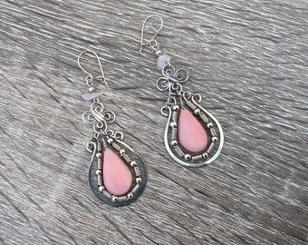 Peruvian Alpaca Silver Earrings, Pink Rose Quartz Alpaca Earrings, Alpaca Silver Inca Earrings