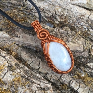 Rainbow Moonstone Pendant, Moonstone Wire Wrapped Copper Necklace, Copper Jewelry