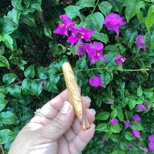 May include: A close-up of a wooden carving in the shape of a bird, held in a hand against a background of green leaves and pink flowers.