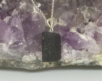 Raw Black Tourmaline Necklace, Sterling Silver Chain, Healing Crystal Pendant, October Birthstone Jewelry