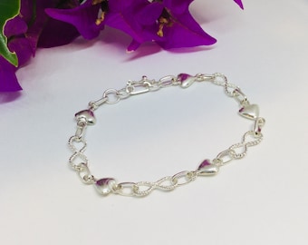 Sterling Silver Heart Bracelet, Valentines Day Gift, Silver Linked Heart Chain Bracelets