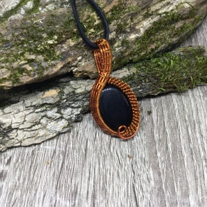 Black Onyx Pendant Necklace, Copper Wire Wrapped, Black Gemstone Pendant